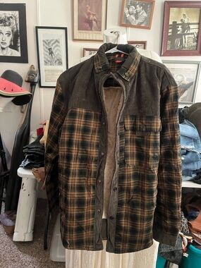 Men's Plaid Field Jacket with Sherpa Lining - Olive/Brown